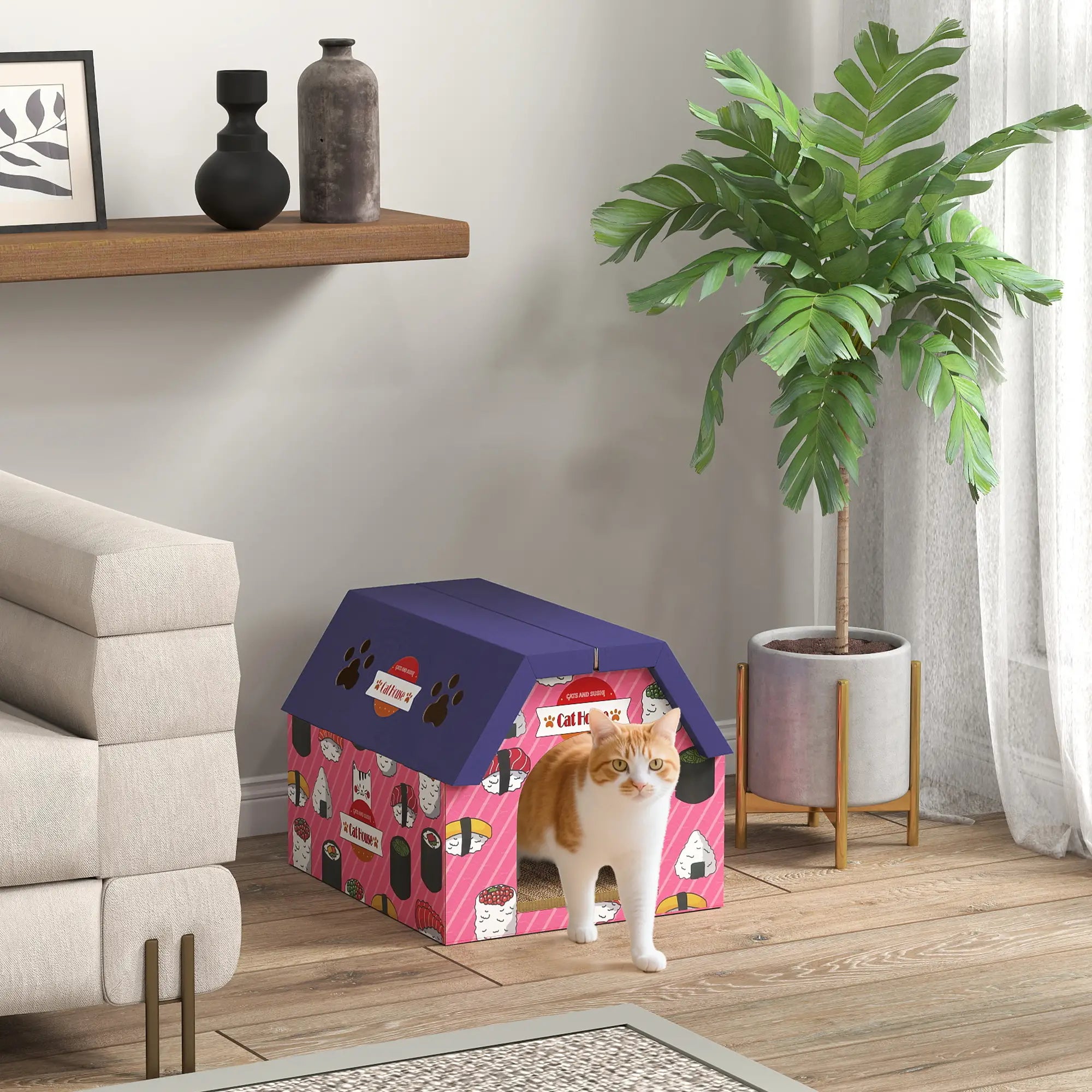 Cat Scratcher House, 2-in-1 Cardboard Scratching Pad with Door, Pink Cat Houses at Gallery Canada