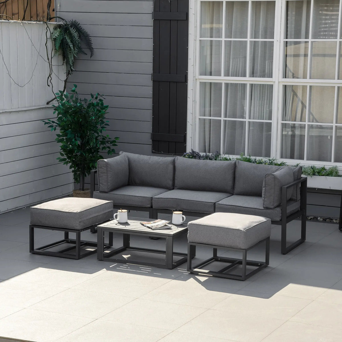6 Piece Patio Furniture Set, Sectional Outdoor Daybed, Aluminum Frame, Grey
