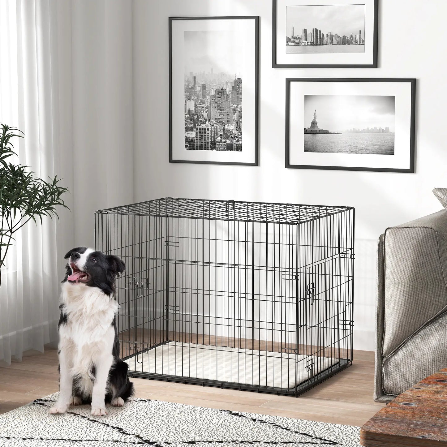 35" Dog Crate, Folding Metal Cage, Removable Tray, Cushion, Black