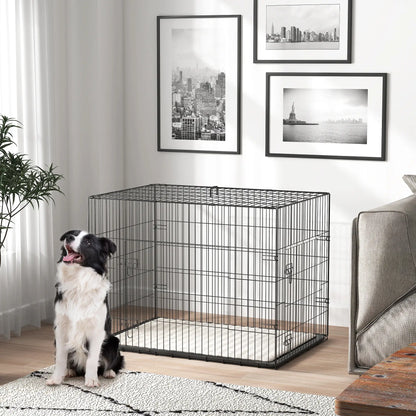 35" Dog Crate, Folding Metal Cage, Removable Tray, Cushion, Black