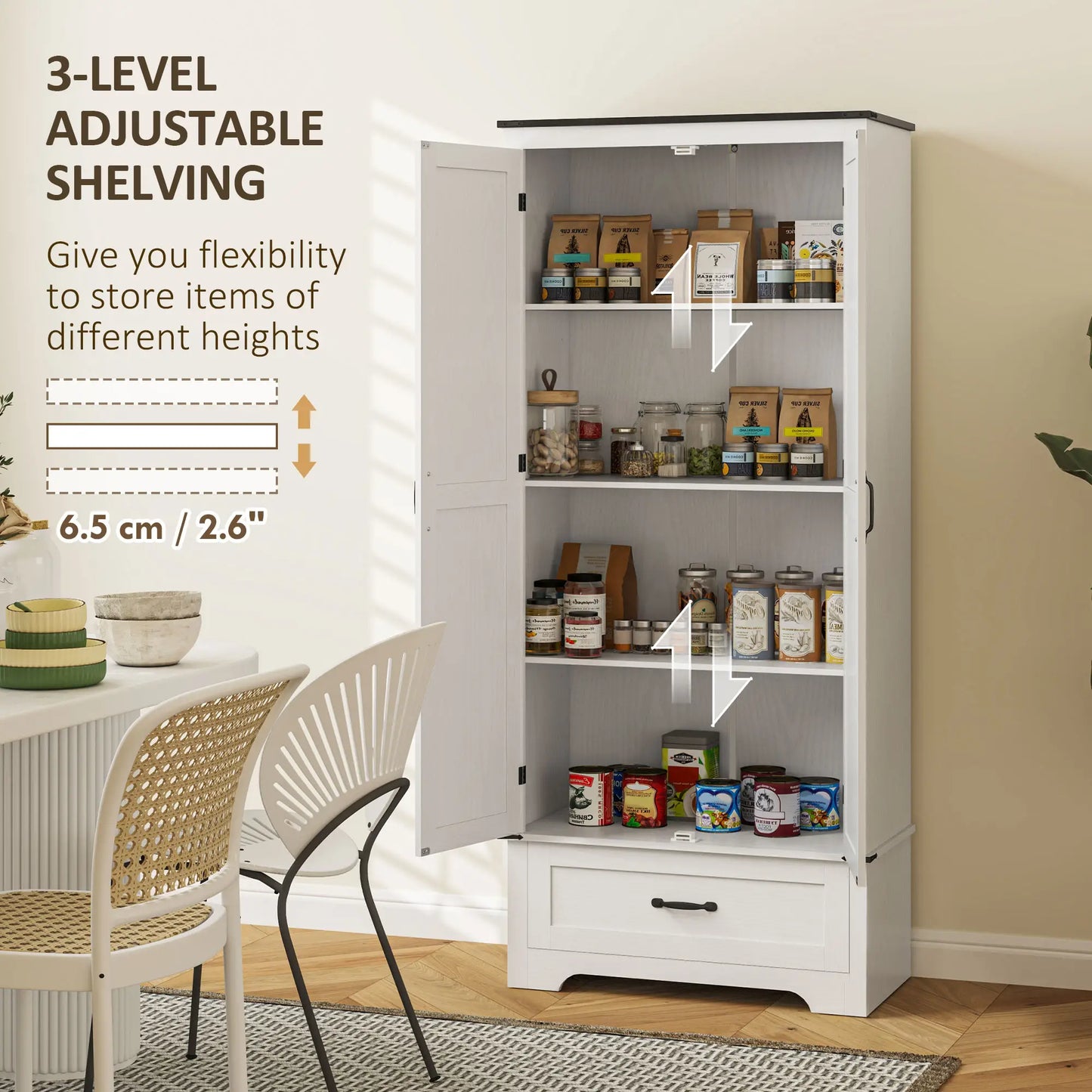 72" Farmhouse Pantry Cabinet, Adjustable Shelves, 2 Doors, White Wood Grain, White Kitchen Pantry Cabinets at Gallery Canada