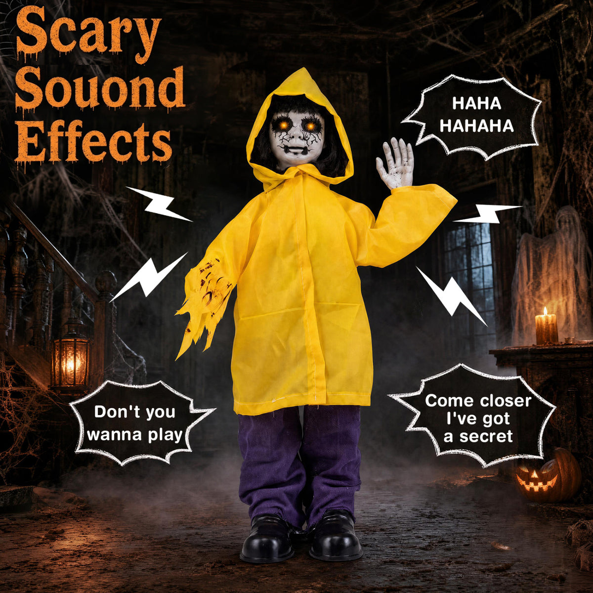 Animatronic Haunted Boy, Light Up Eyes, Creepy Sound