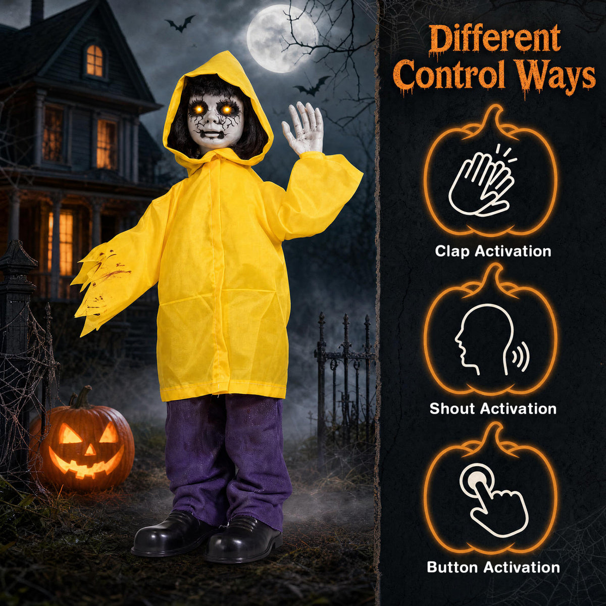 Animatronic Haunted Boy, Light Up Eyes, Creepy Sound