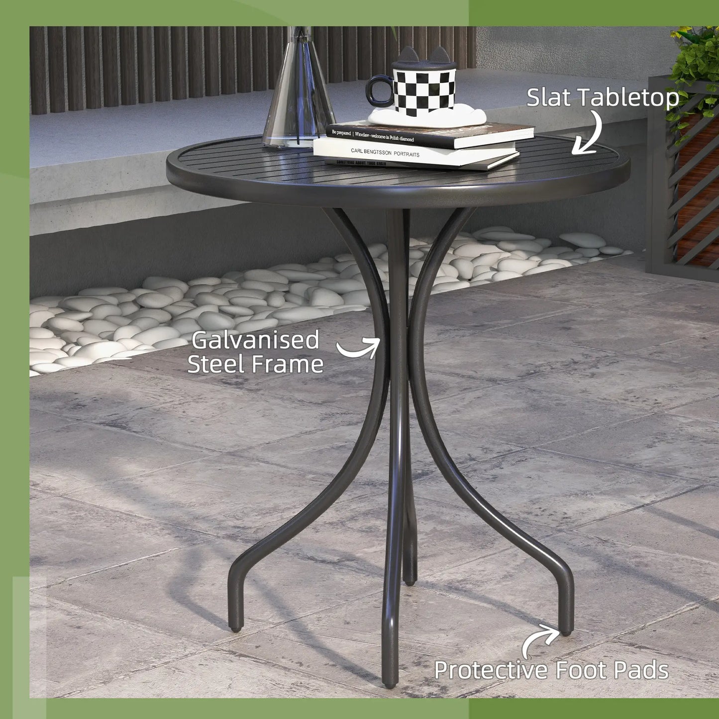 26" Round Patio Table, Outdoor Side Table, Steel Frame, Slat Tabletop, Black Patio Side Tables at Gallery Canada