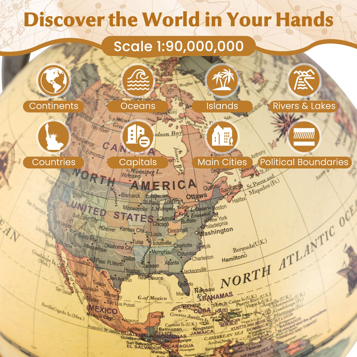 Antique Globe Dia 5.5 Inch Mini Rotating World Globe with Wooden Base-Brozen, Bronze Learning Toys at Gallery Canada