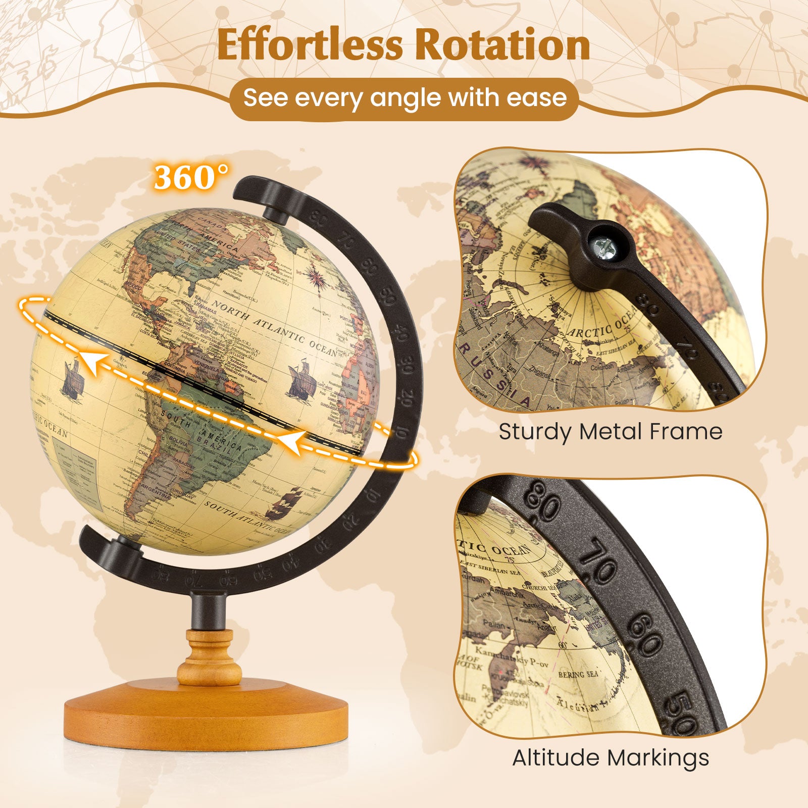 Antique Globe Dia 5.5 Inch Mini Rotating World Globe with Wooden Base-Brozen, Bronze Learning Toys at Gallery Canada