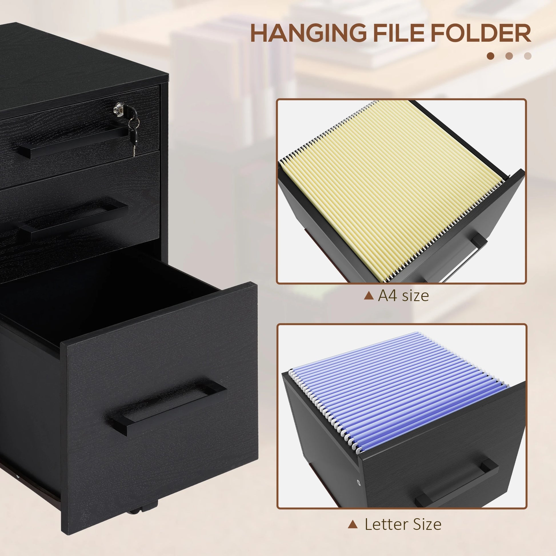 Lockable 3 Drawer Vertical File Cabinet, Hanging Bars, Letter and A4 Size, Black Office Cabinets & Cupboards at Gallery Canada