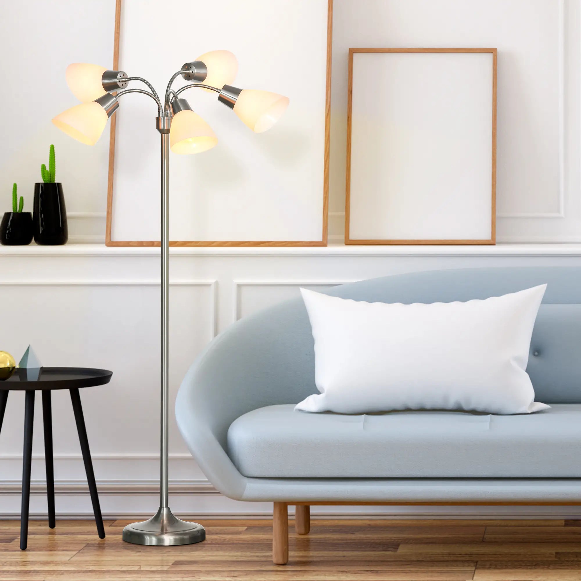 Arc Tree Floor Lamp with 5 Adjustable Rotating Lights, Modern Standing Gooseneck Reading Light for Living Room Bedroom Office, Satin Nickel Floor Lamps & Ceiling Fan Lights at Gallery Canada