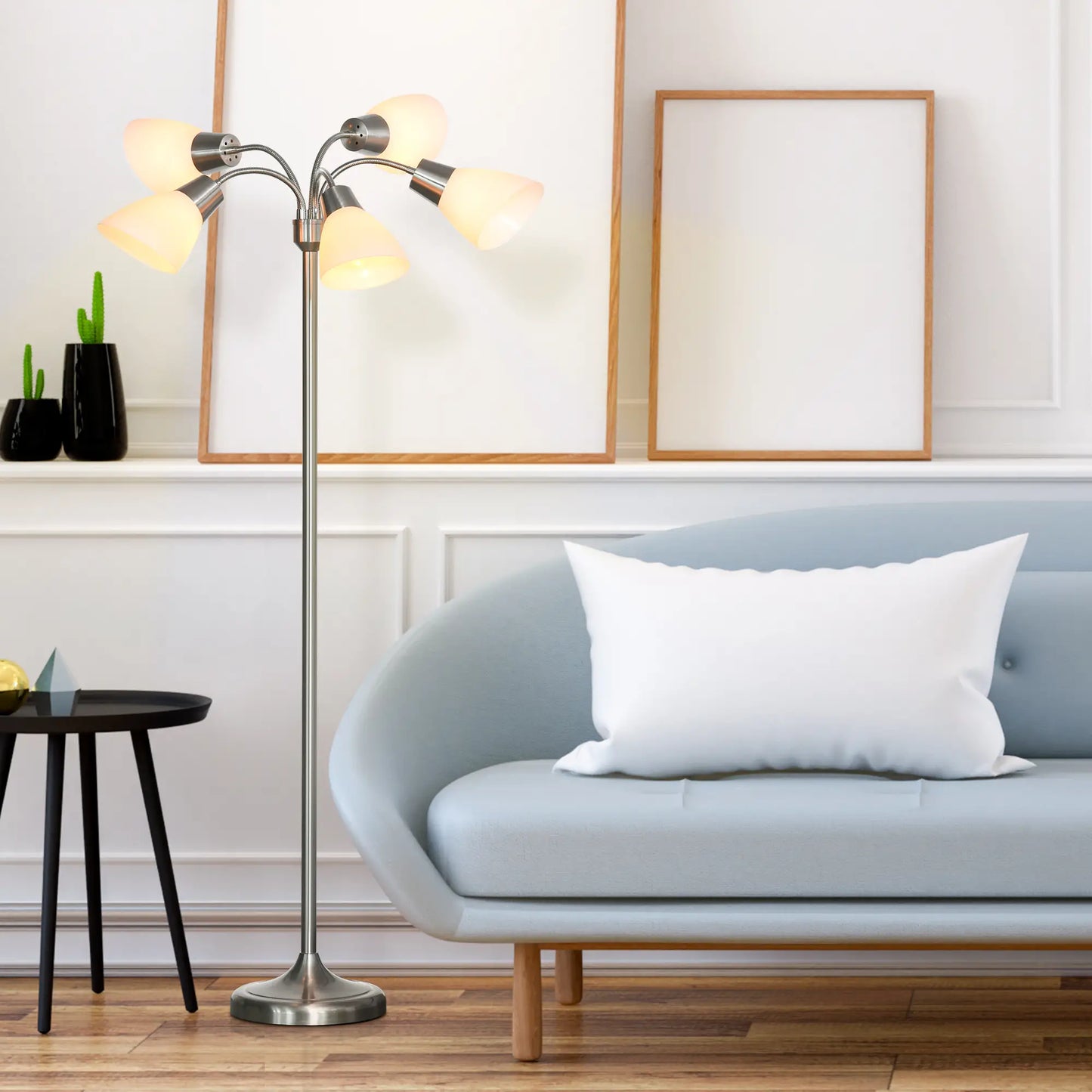 Arc Tree Floor Lamp with 5 Adjustable Rotating Lights, Modern Standing Gooseneck Reading Light for Living Room Bedroom Office, Satin Nickel Floor Lamps & Ceiling Fan Lights at Gallery Canada