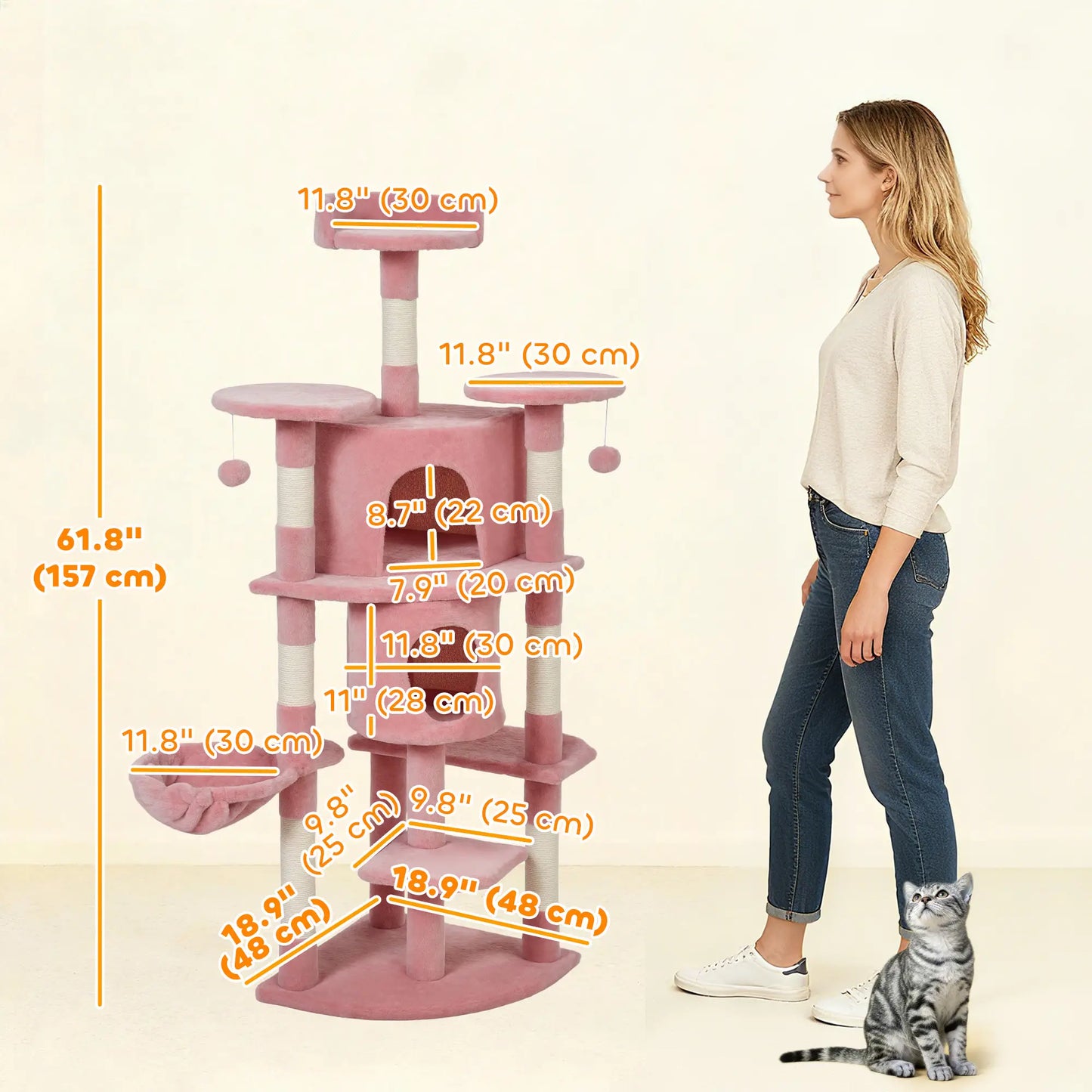 62" Cat Tree With Scratching Post, 2 Condos, Hammock, Pink