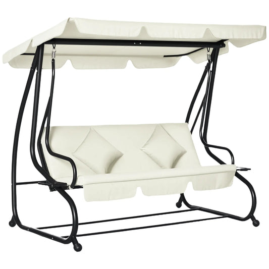 3 Seater Patio Swing Chair, Convertible Cushioned Bed, Outdoor Porch with Canopy Patio Swings with Stand Cream at Gallery Canada