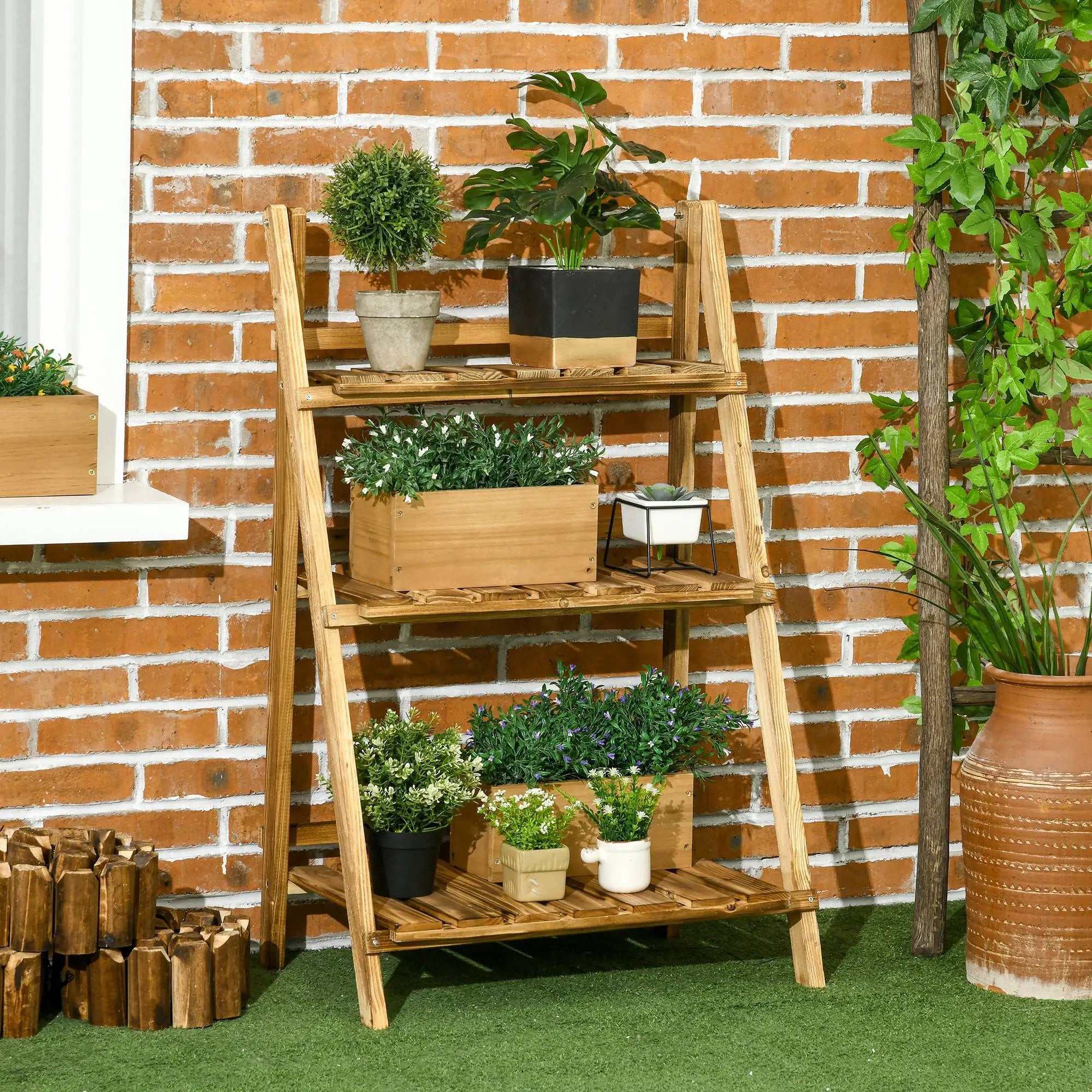 Foldable 3-Tier Wooden Plant Stand, Garden Indoor Outdoor, 24