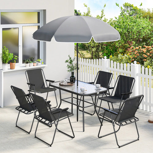 8 Piece Patio Set, Folding Chairs, Tempered Glass Tabletop, Black