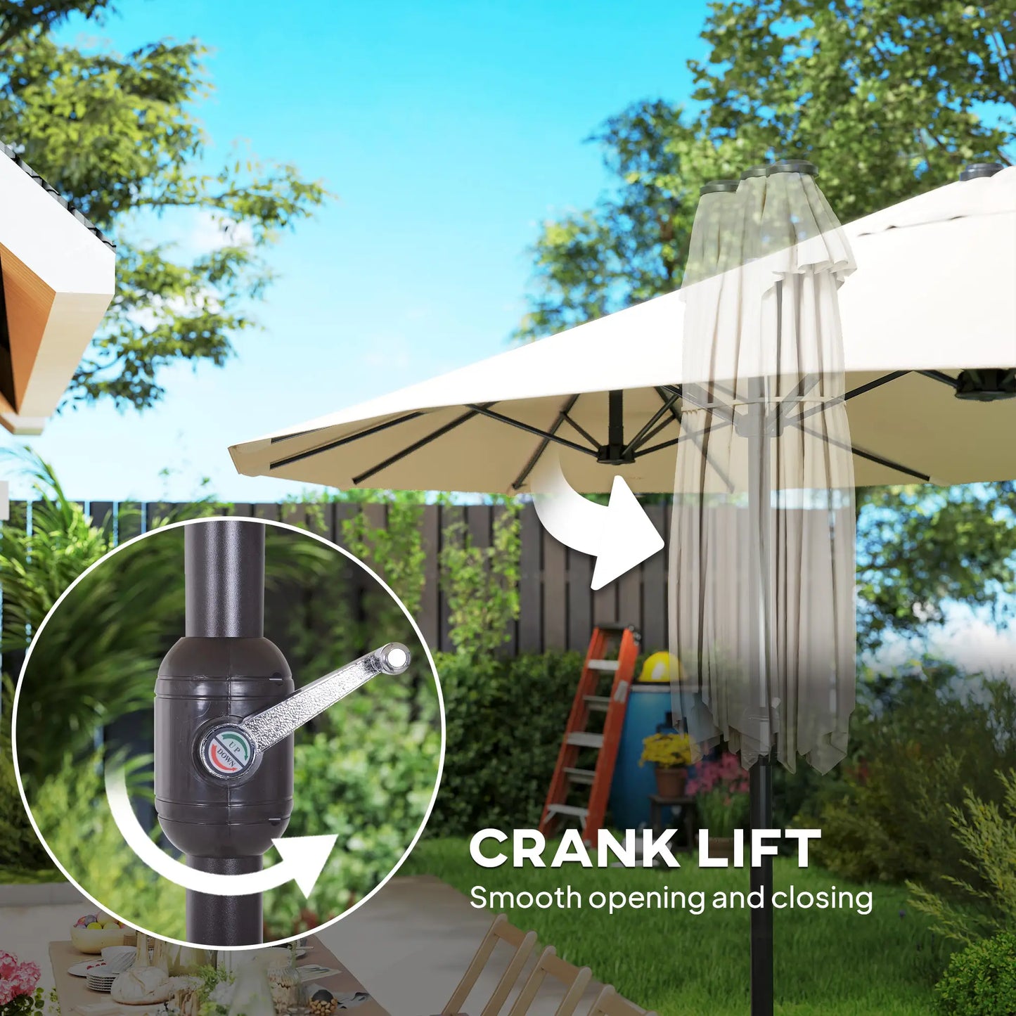 15' Outdoor Patio Umbrella, Twin Canopy Sunshade, Lift Crank, Beige Sun Umbrellas at Gallery Canada