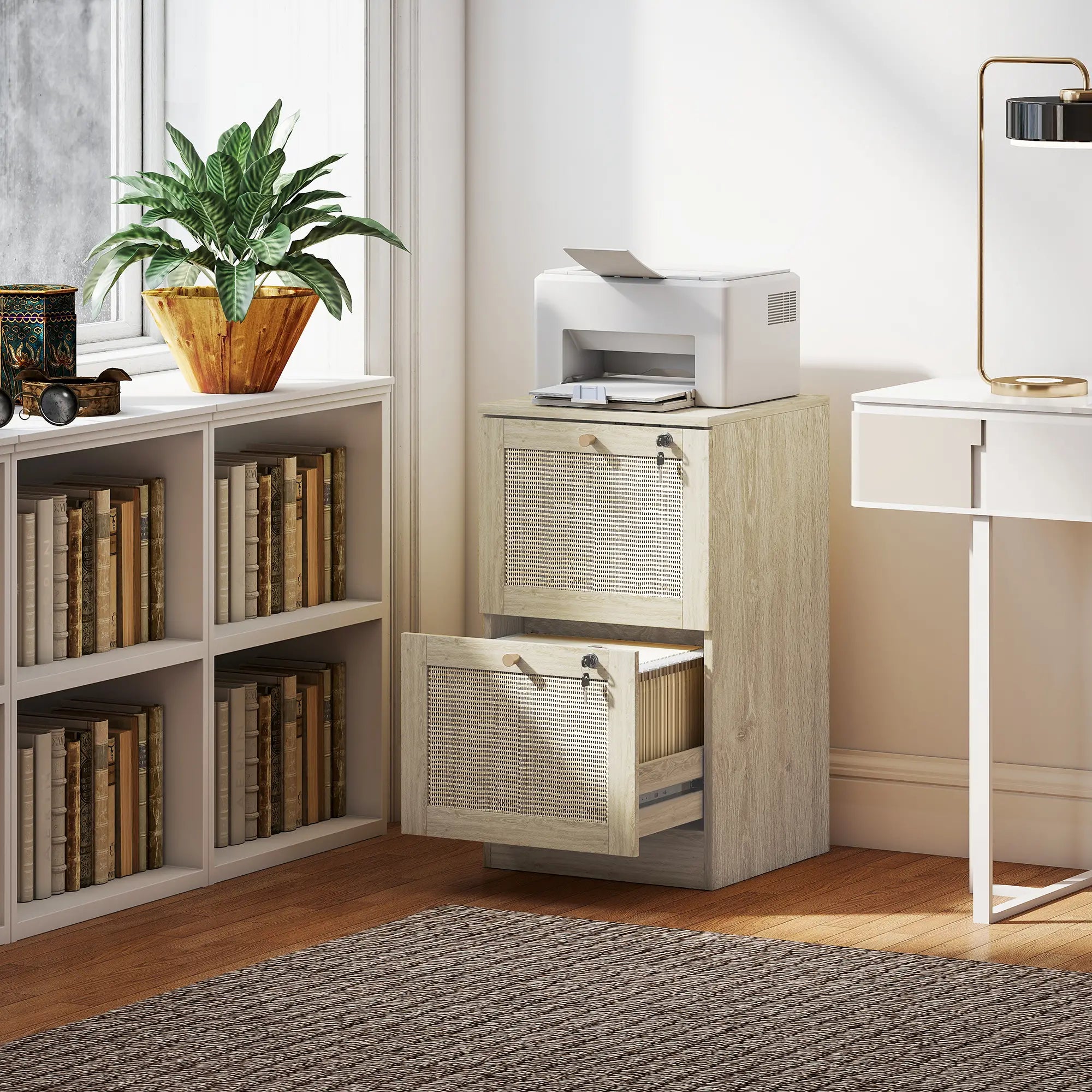 2 Drawer Filing Cabinet with Lock, Boho Style, A4 Letter Size, Oak Office Cabinets & Cupboards at Gallery Canada