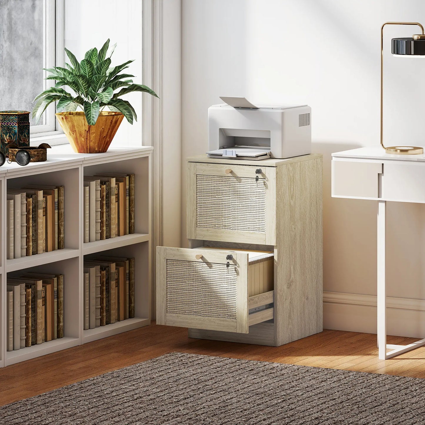 2 Drawer Filing Cabinet with Lock, Boho Style, A4 Letter Size, Oak Office Cabinets & Cupboards at Gallery Canada