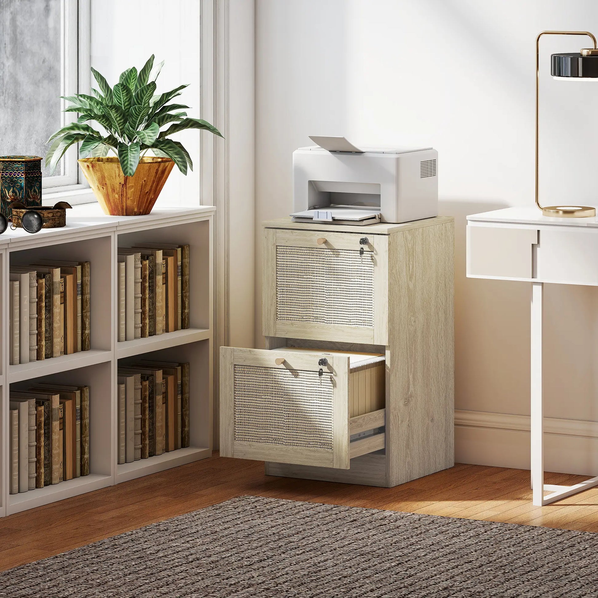 2 Drawer Filing Cabinet with Lock, Boho Style, A4 Letter Size, Oak Office Cabinets & Cupboards at Gallery Canada