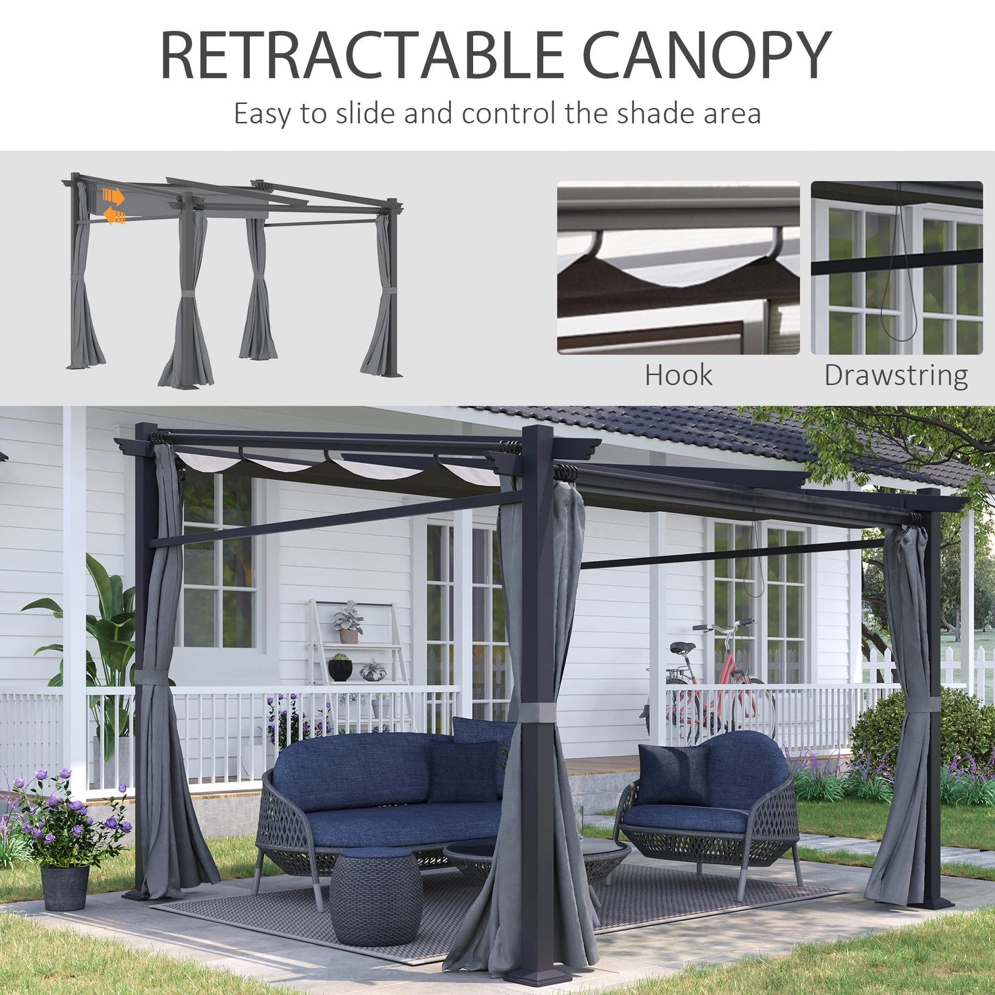 Metal Pergola, Sliding Roof Canopy, Retractable, 10' x 10', Dark Grey Pergolas at Gallery Canada