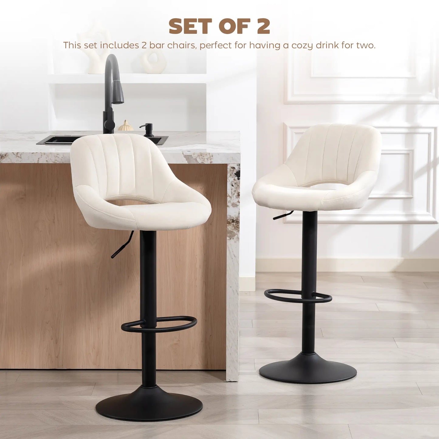 Swivel Bar Stools Set of 2, Adjustable Height, Plush Upholstered, Cream Bar Stools at Gallery Canada