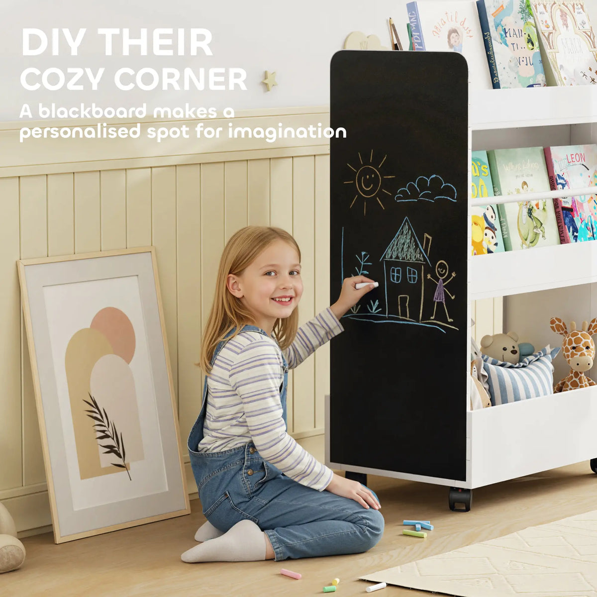 Kids Bookshelf with Wheels, Blackboard, 3-8 Years