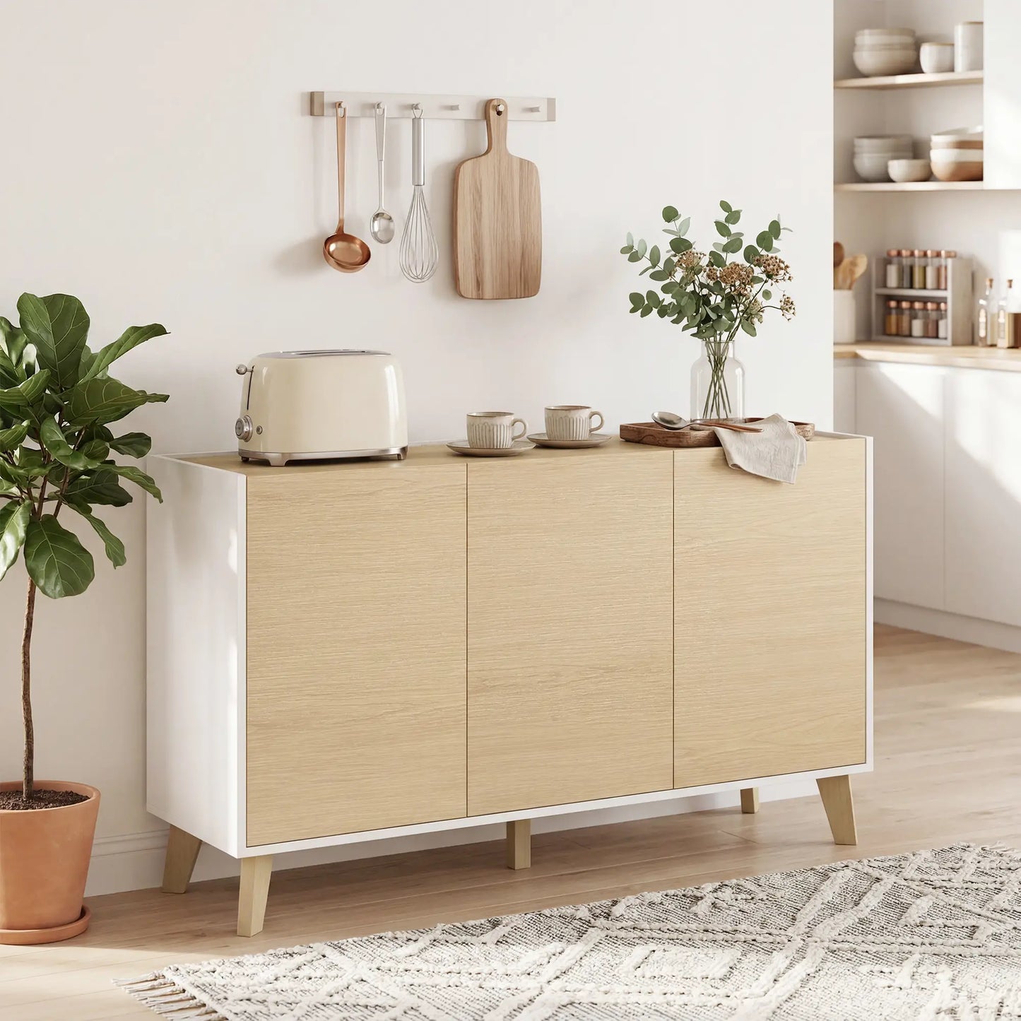 Sideboard Buffet Cabinet, 47" Modern Kitchen Storage Cabinet with 6 Compartments, Soft-Close Doors, Natural Wood Effect Bar Cabinets at Gallery Canada
