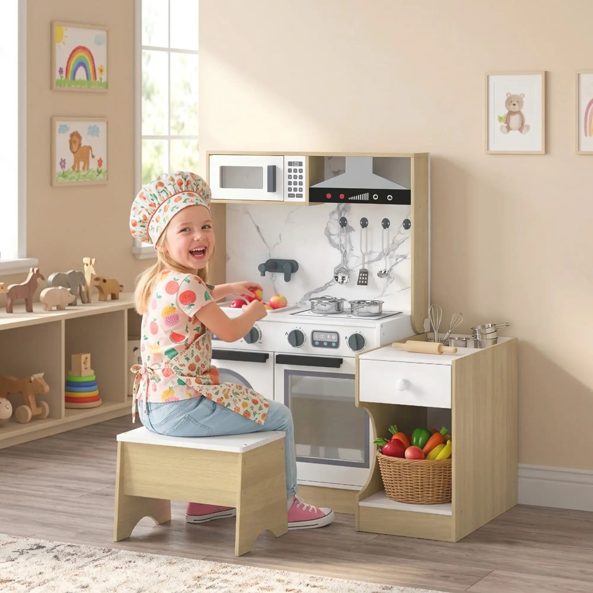 2-In-1 Kids Kitchen Playset, Table & Chair with Sink, Oven, Microwave, 3-8 Play Kitchen at Gallery Canada