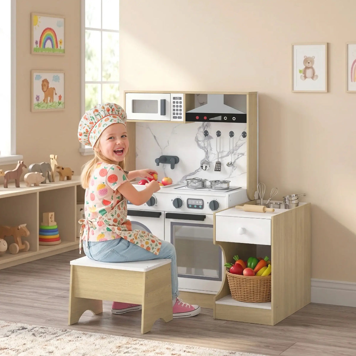 2-In-1 Kids Kitchen Playset, Table & Chair with Sink, Oven, Microwave, 3-8 Play Kitchen at Gallery Canada