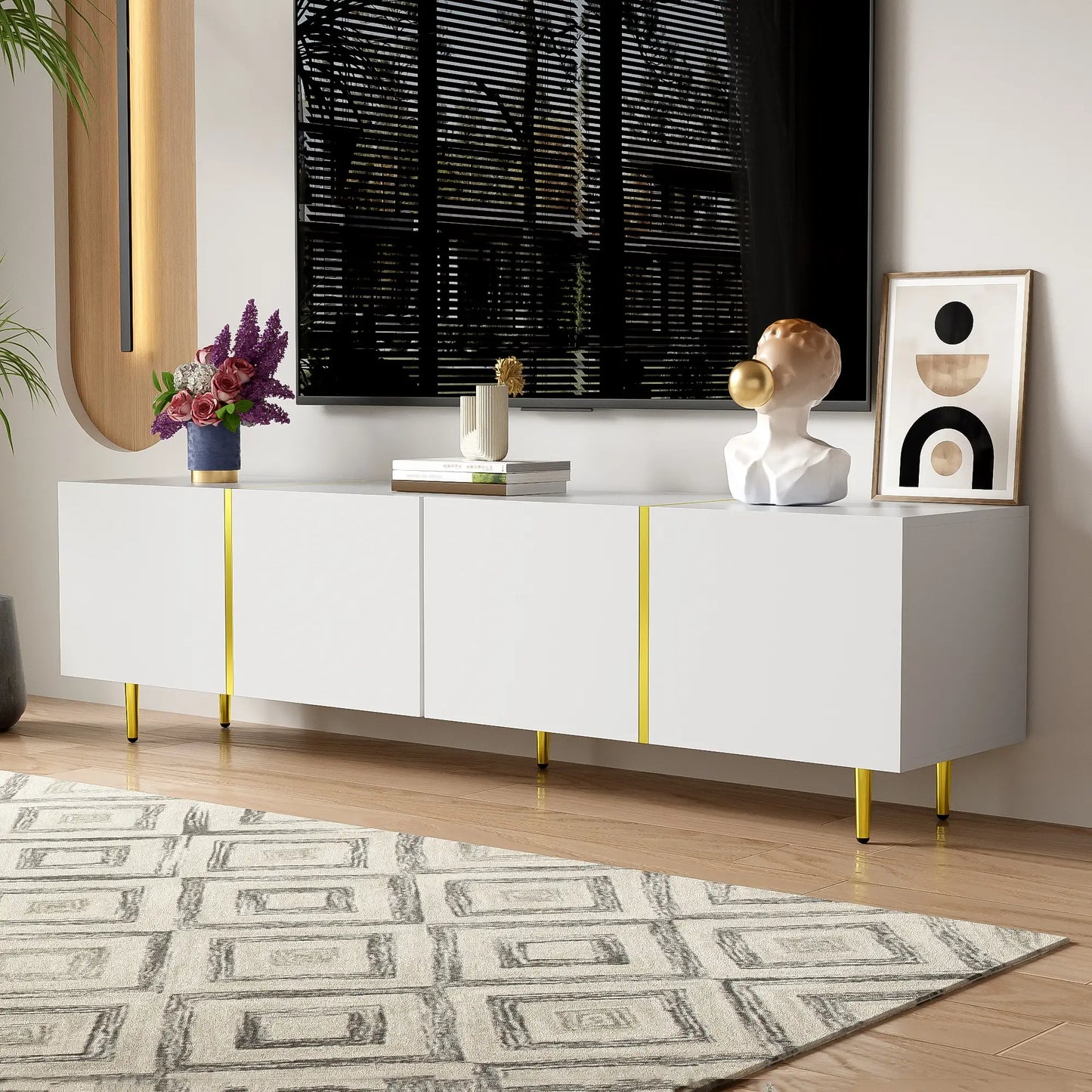 Modern TV Stand, 4 Doors, Soft-Close Hinges, 67" L x 13.5" W x 18" H, White TV Stands at Gallery Canada