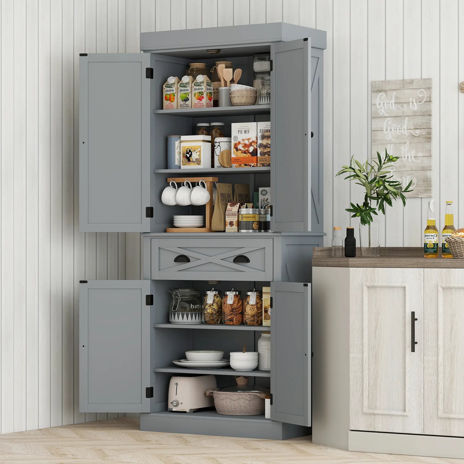 72.5" Kitchen Pantry Cabinet, 4 Doors, Drawer, Adjustable Shelves, Grey Kitchen Pantry Cabinets at Gallery Canada