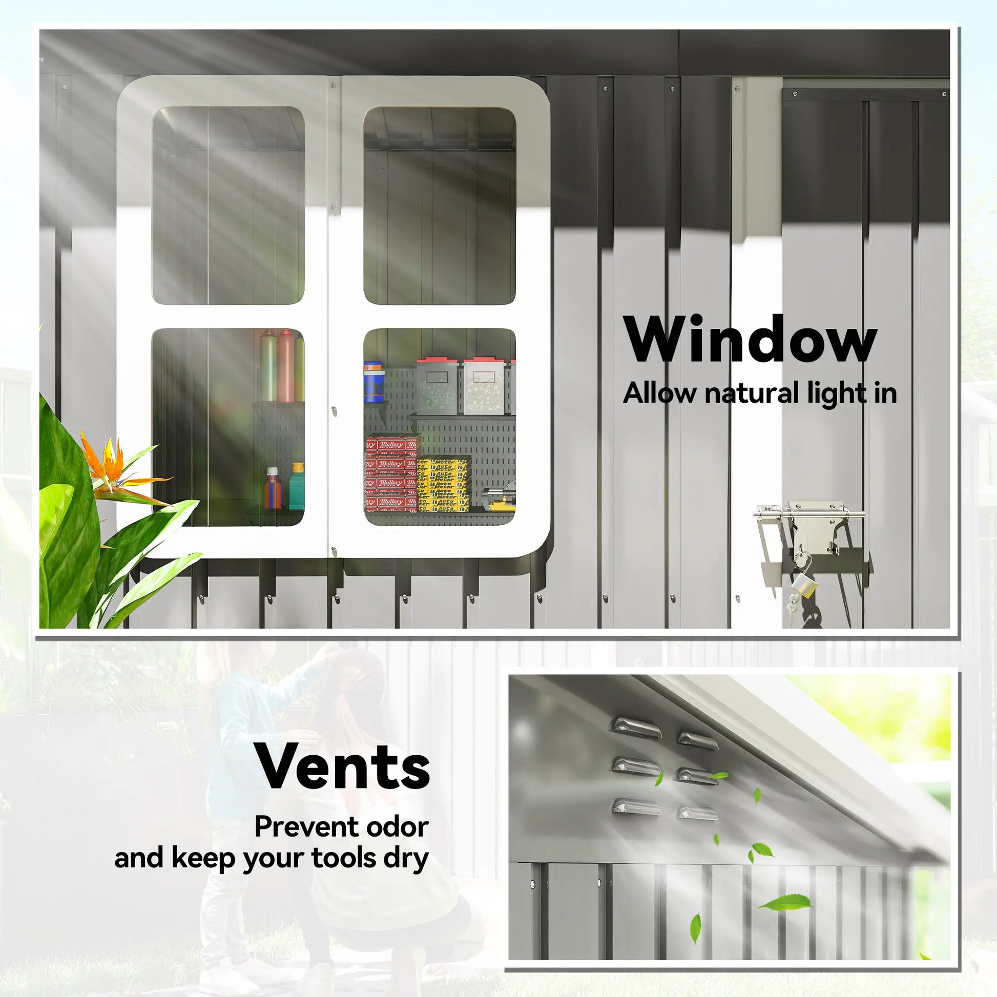 7' x 4' Galvanised Steel Outdoor Storage Shed, Window, Lockable Door, Dark Grey Sheds at Gallery Canada