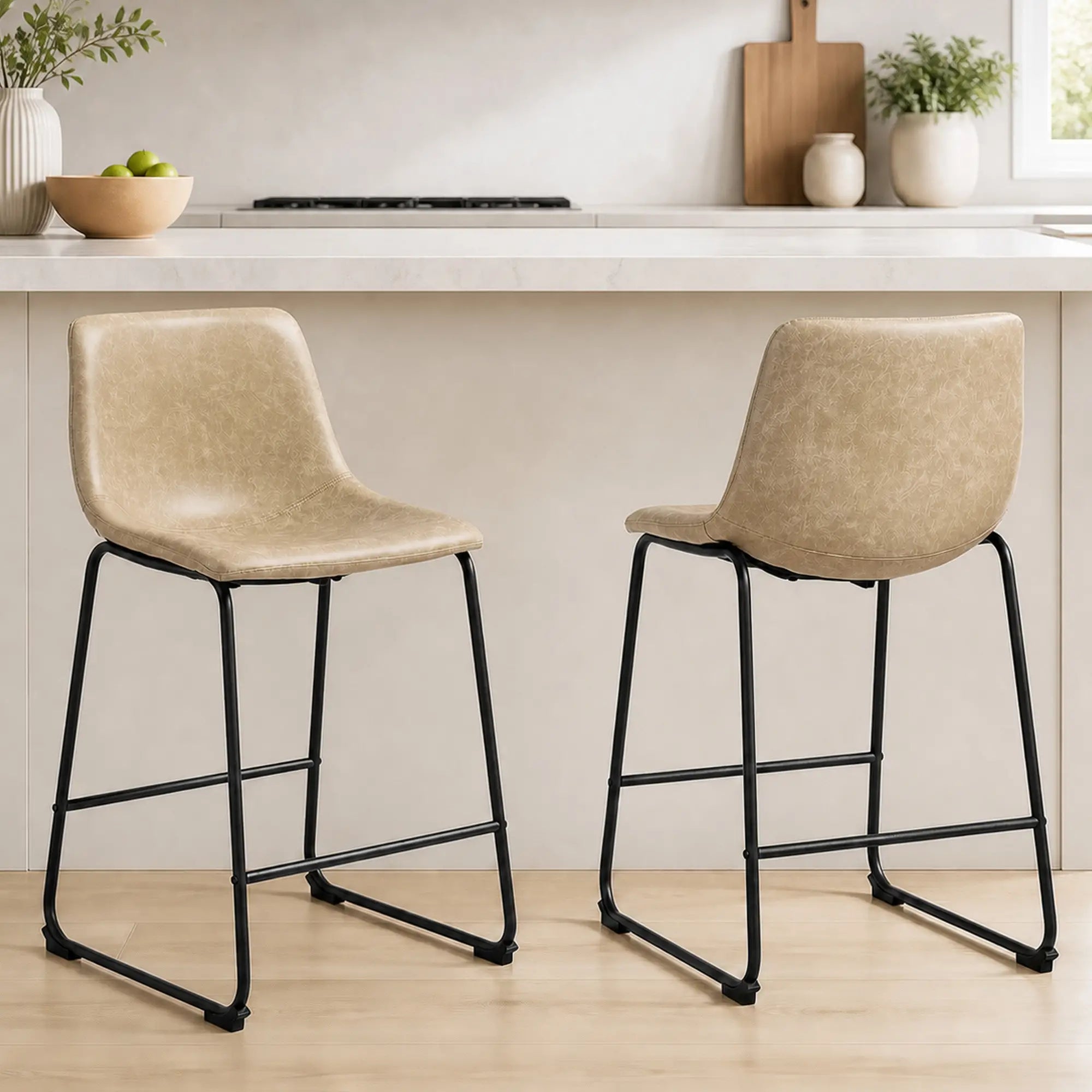 Vintage PU Leather Bar Stools Set of 2, Kitchen Stool with Footrest, Beige Bar Stools at Gallery Canada