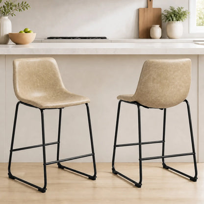 Vintage PU Leather Bar Stools Set of 2, Kitchen Stool with Footrest, Beige Bar Stools at Gallery Canada