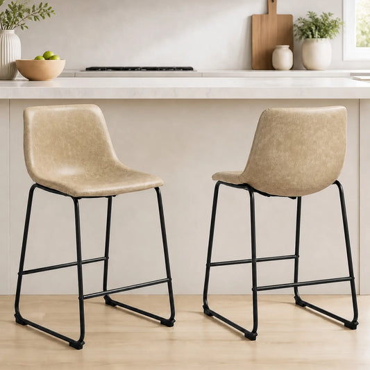 Vintage PU Leather Bar Stools Set of 2, Kitchen Stool with Footrest, Beige Bar Stools Beige at Gallery Canada
