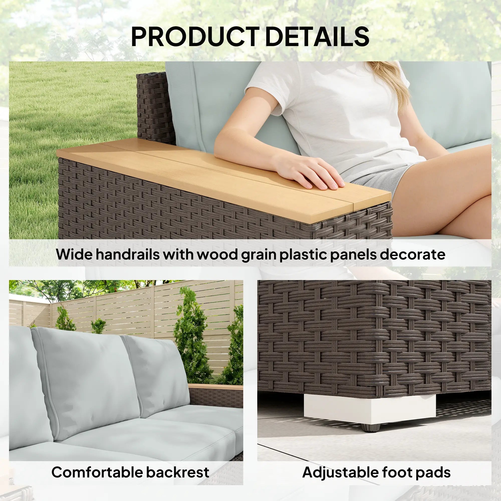 3-Seater Outdoor Sofa, Wicker Patio Couch With Wood Armrests, Grey Patio Furniture Sets at Gallery Canada