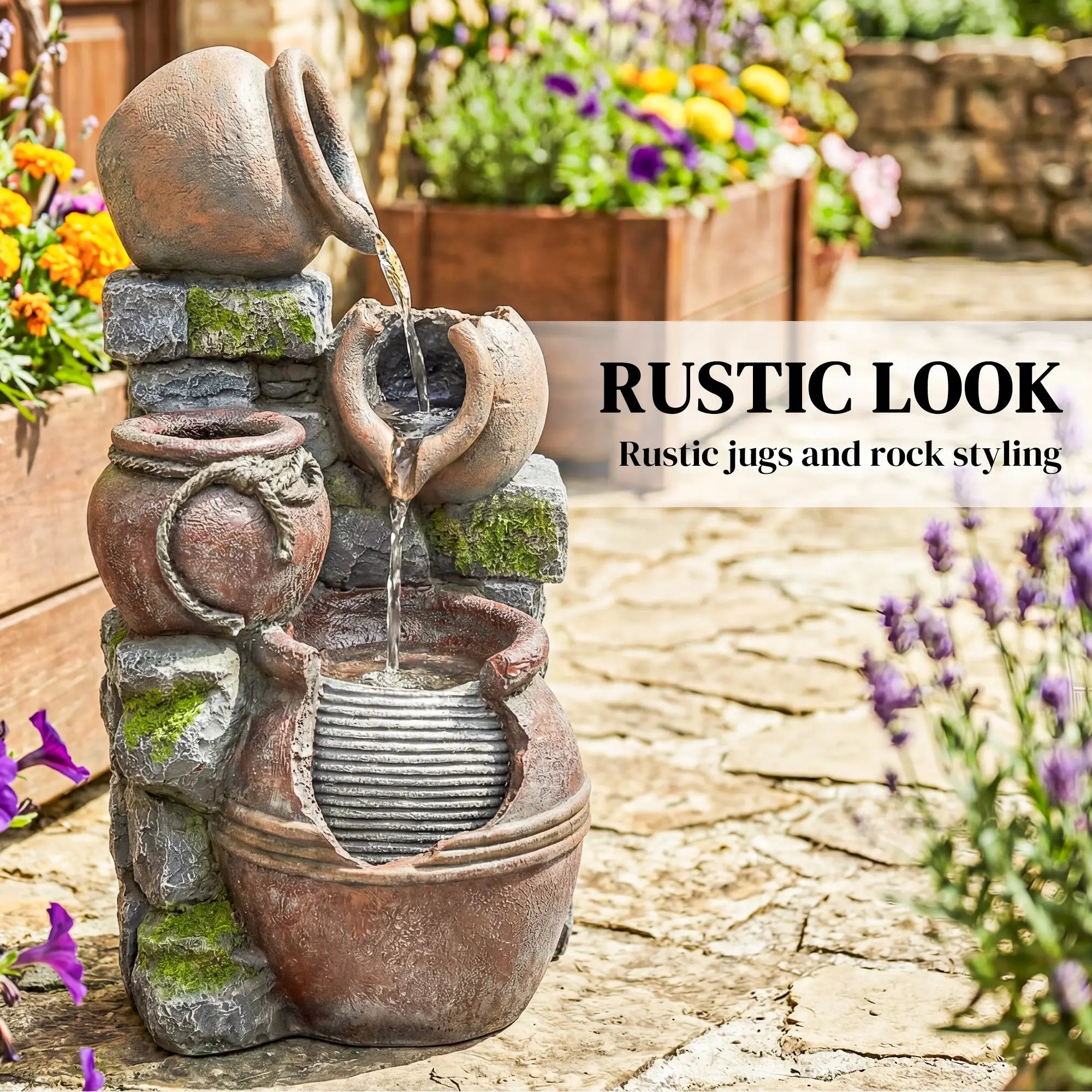 Outdoor Fountain, 4-Tier Rustic Pot, Cascading Rock Waterfall, LED Lights, Adjustable Flow Water Fountains at Gallery Canada