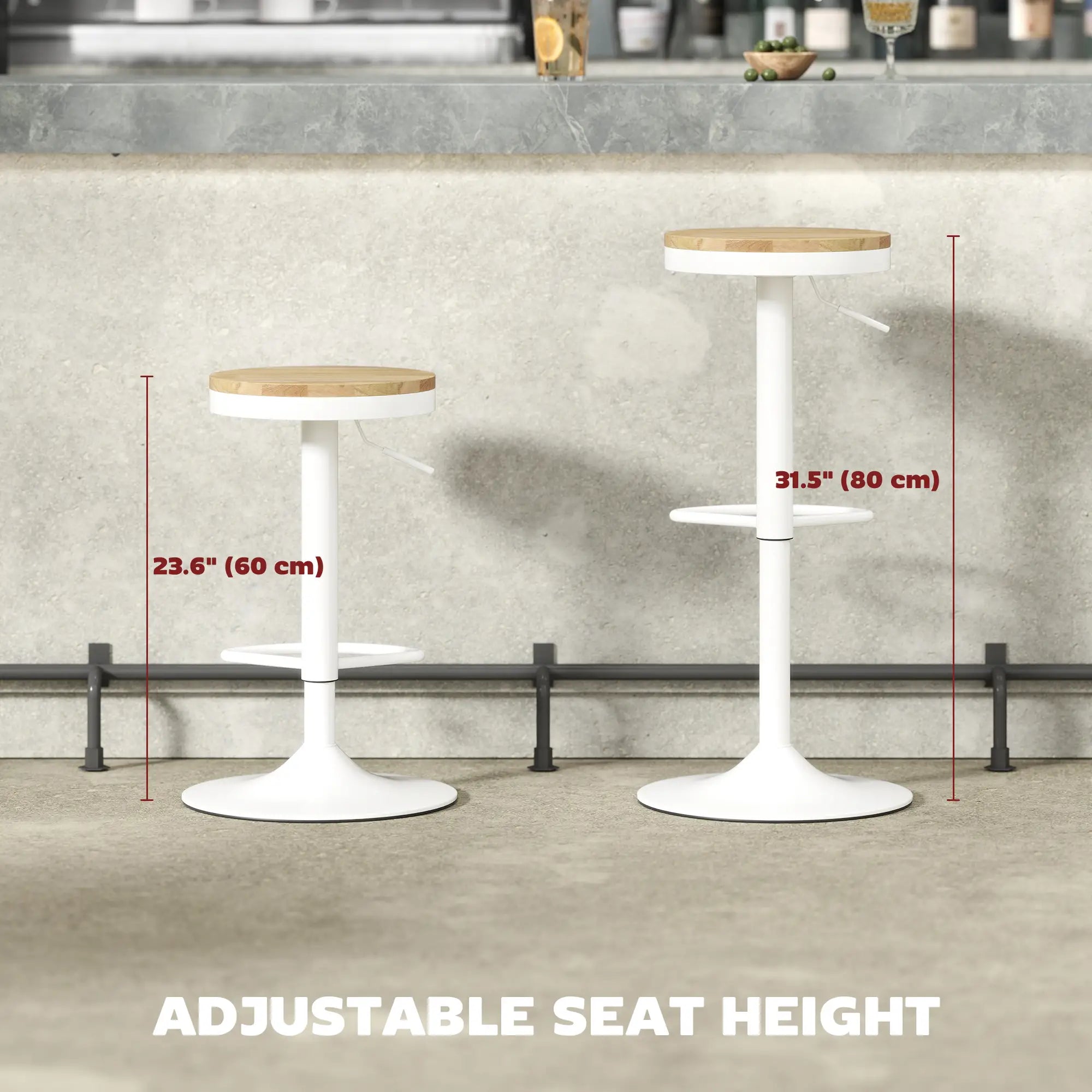 Swivel Bar Stools Set of 2, Adjustable Height, Natural Wood, White Bar Stools at Gallery Canada
