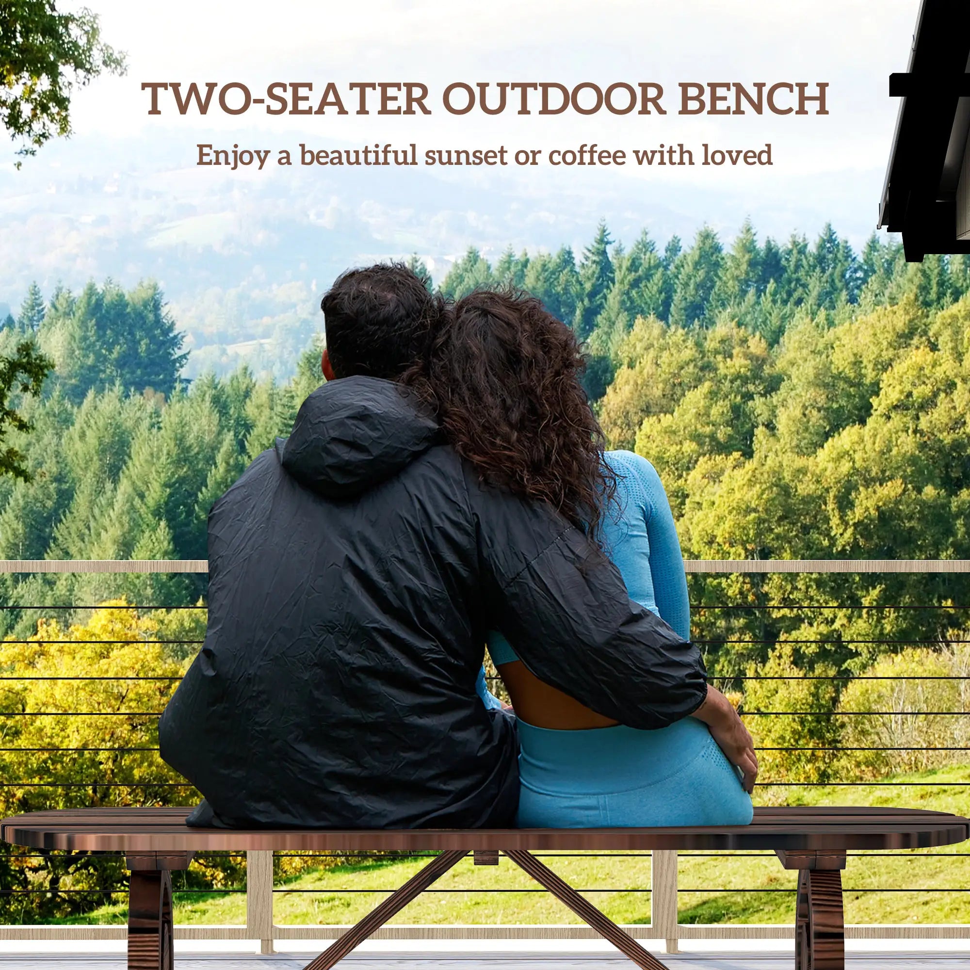 2-Person Outdoor Bench, Wood Garden Bench with Wagon Wheel Legs, Carbonized Outdoor Benches at Gallery Canada