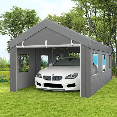 10' x 20' Heavy Duty Carport, Portable Garage, 6 Mesh Windows, 2 Doors, Grey