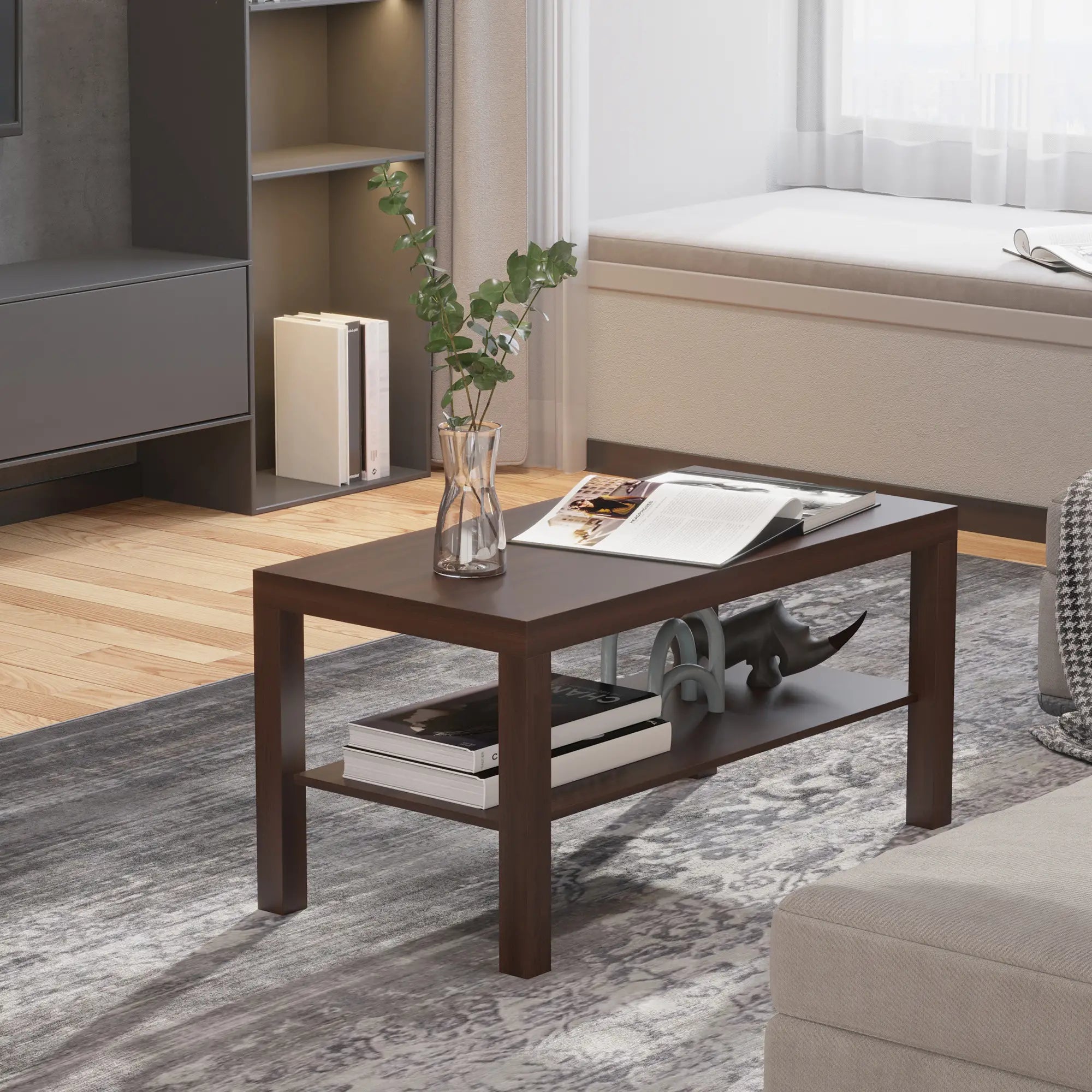 2 Tier Coffee Table with Storage Shelf, Rectangular Center Table for Living Room, Home Office Furniture Walnut Coffee Tables at Gallery Canada