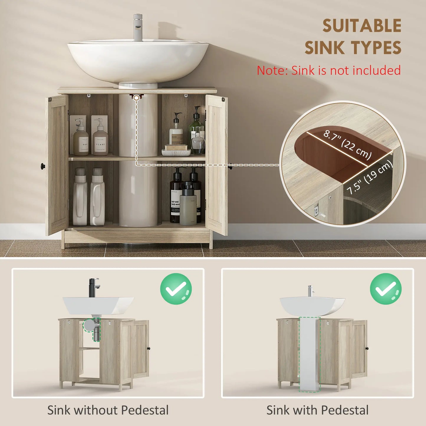 Bathroom Vanity, 24" Pedestal Sink Bathroom Vanity Furniture with 2 Doors and Shelf, Grey Wood Grain Sink Cabinets at Gallery Canada