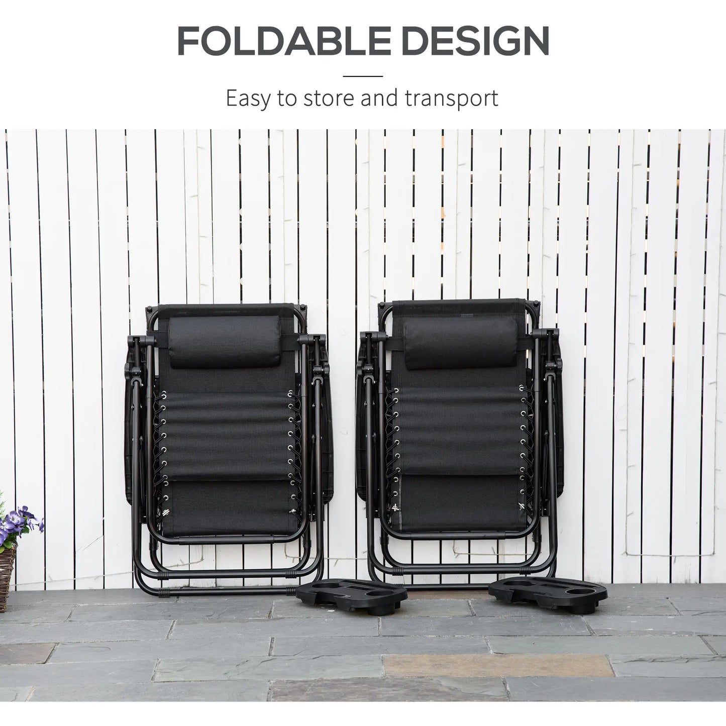 2 Piece Foldable Lounge Chair with Canopy Shade, Outdoor Zero Gravity Chair w/ Side Tray &; Cup Holder, Reclining Lounger w/ Breathable Mesh Fabric Seat, Pillow, Black Lounger Chairs at Gallery Canada