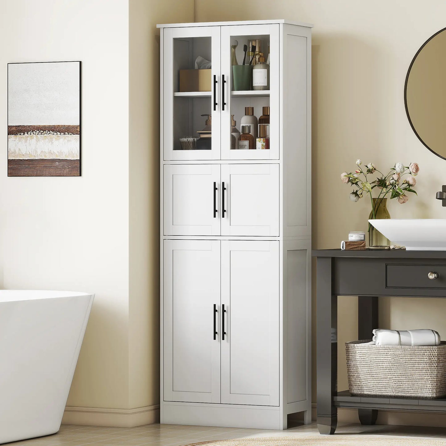 67" Tall Bathroom Storage Cabinet, Glass Doors, Adjustable Shelves, White Bathroom Cabinets at Gallery Canada