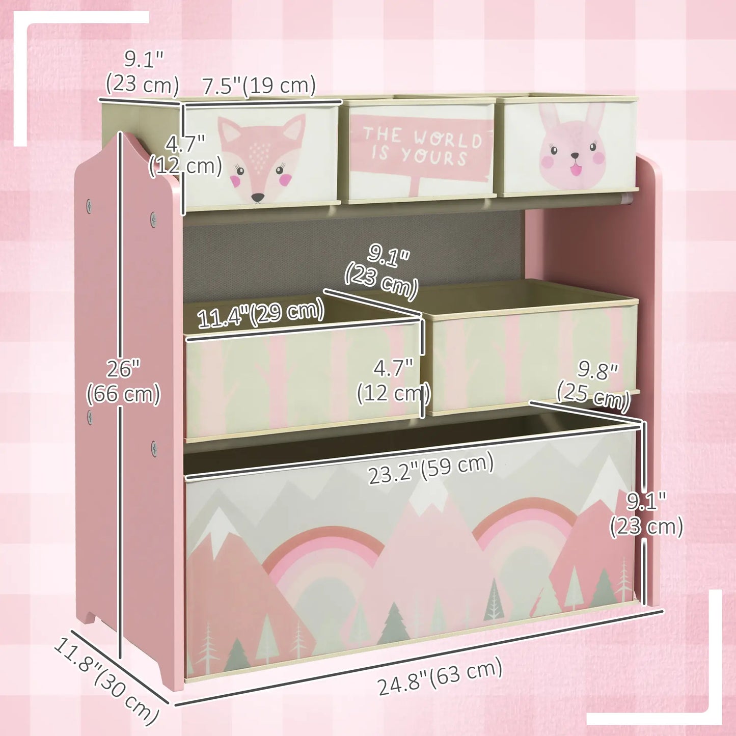 Toy Organizer with 6 Storage Bins, 25" X 12" X 26", Pink