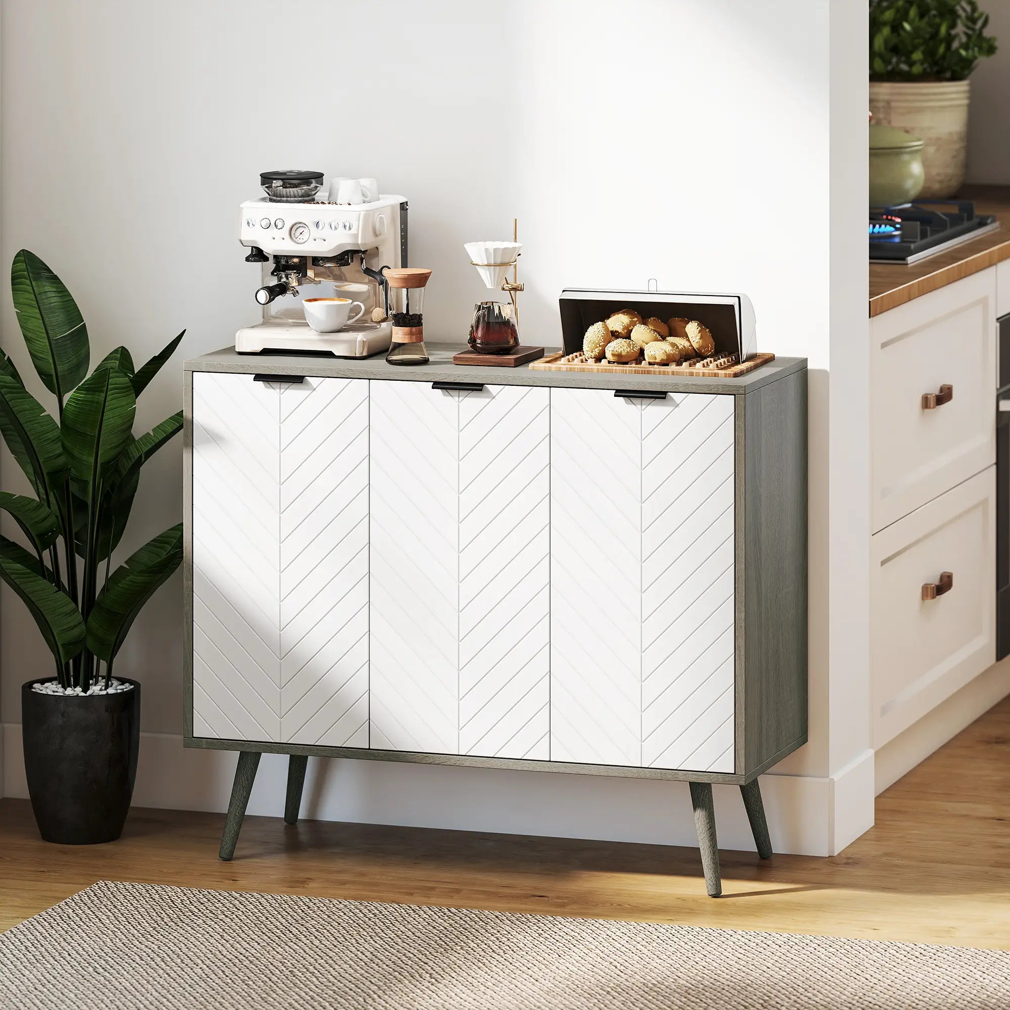 Modern Sideboard Buffet, Dining Room Cabinet, Adjustable Shelves, 3 Doors, Grey Storage Cabinets at Gallery Canada