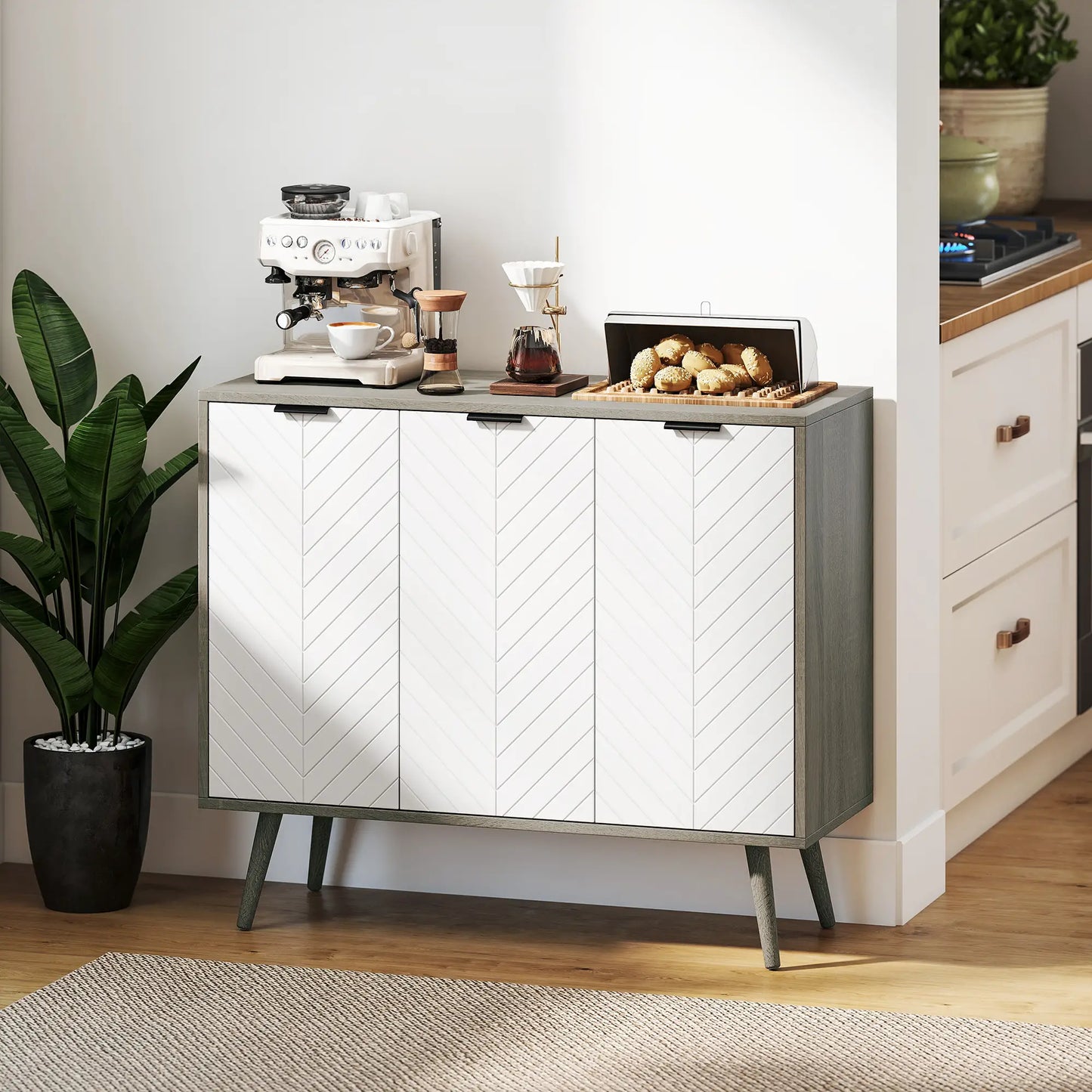 Modern Sideboard Buffet, Dining Room Cabinet, Adjustable Shelves, 3 Doors, Grey Storage Cabinets at Gallery Canada