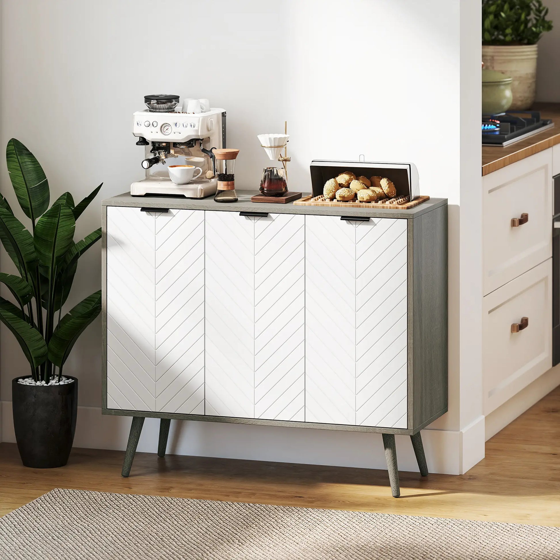 Modern Sideboard Buffet, Dining Room Cabinet, Adjustable Shelves, 3 Doors, Grey Storage Cabinets at Gallery Canada