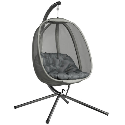 Hanging Egg Chair, Outdoor Swing with Stand, Folding Basket, Grey