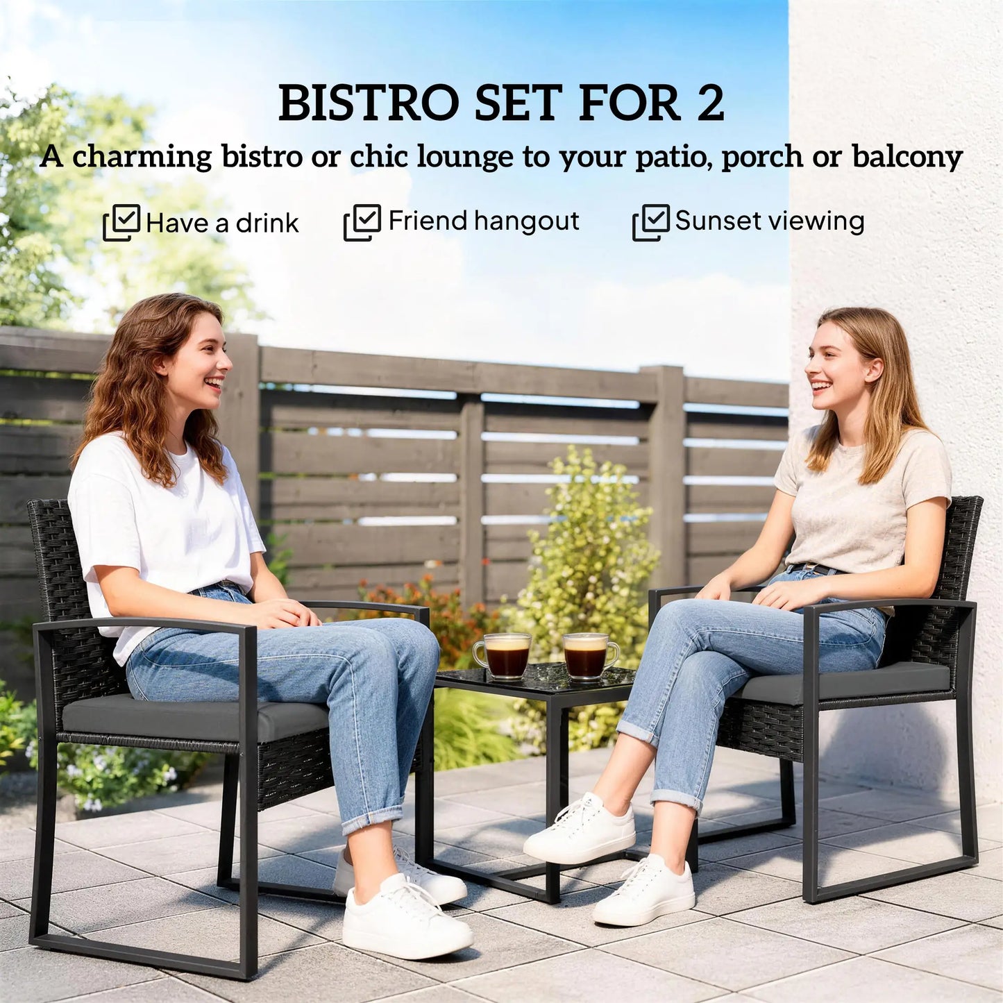 3 Piece Wicker Patio Set, Glass Top Table With Cushions, Dark Grey Bistro Sets at Gallery Canada
