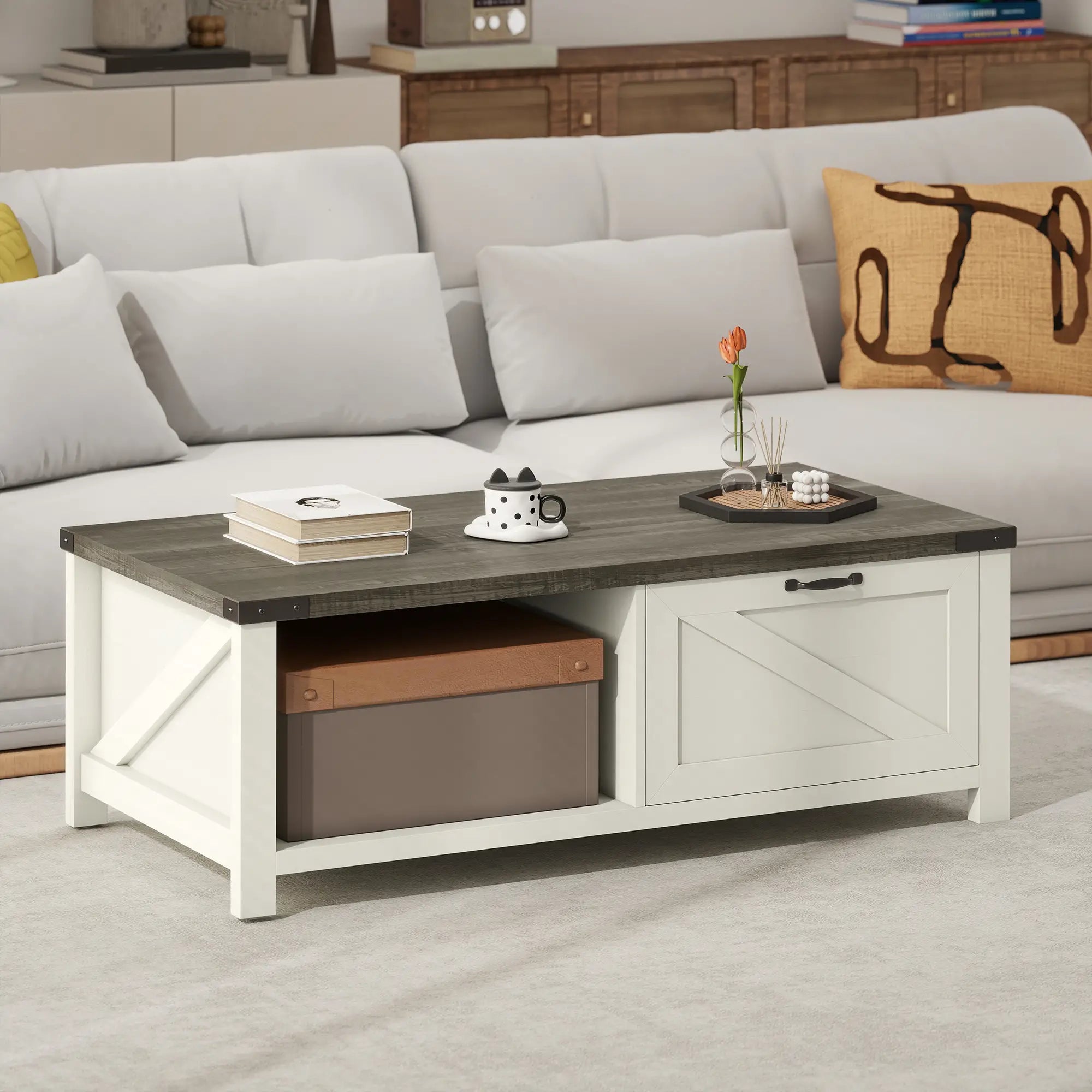 Farmhouse Coffee Table with Drawer, Open Shelf, Distressed White Coffee Tables at Gallery Canada