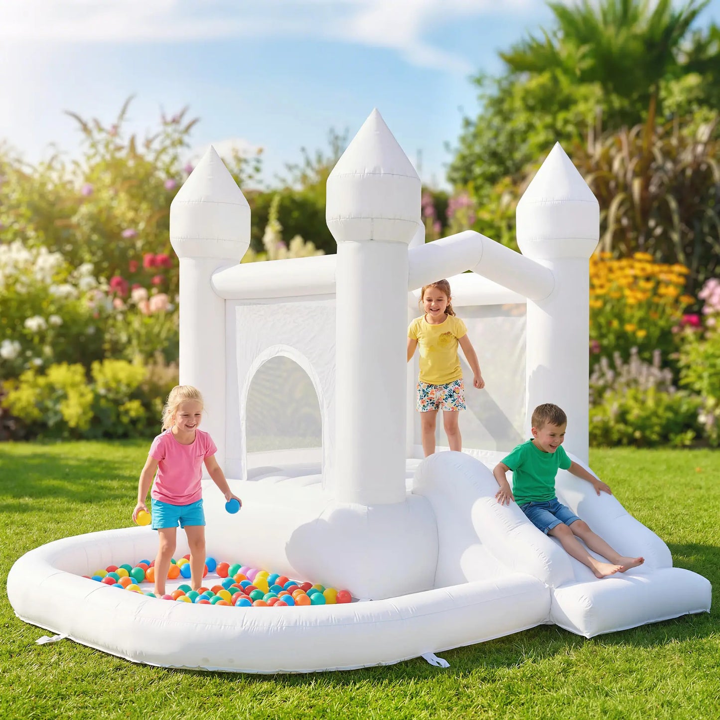 Inflatable Bouncy Castle, 3-in-1 Bounce House with Slide, Ball Pit, 370W Blower, White Inflatables at Gallery Canada